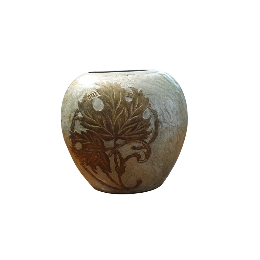 Vintage Brass Enamel Bud Vase Sage Green Gold Etched Leaf Art Nouveau Oval